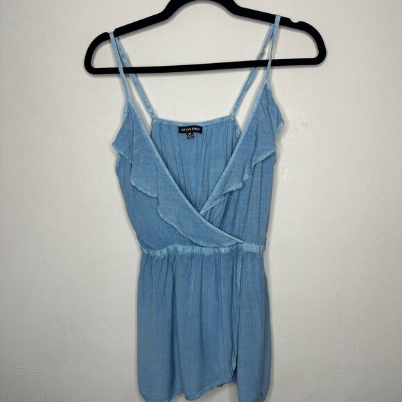 Light Denim Blue Rayon V-Neck Faux Wrap Ruffle Spaghetti Adj Strap Blouse Med - Picture 12 of 12